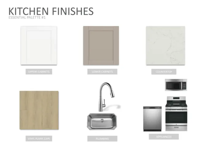 Kitchen Finishes, Essential Palette #1. Detailing materials and fixtures for the property's kitchen area