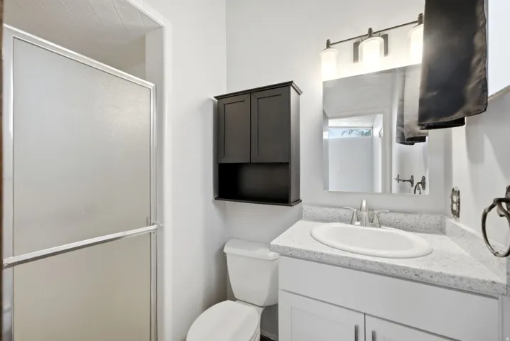 Frosted shower enclosure, vanity with speckled countertop, undermount sink, built-in medicine cabinet, and wall-mounted vanity lighting