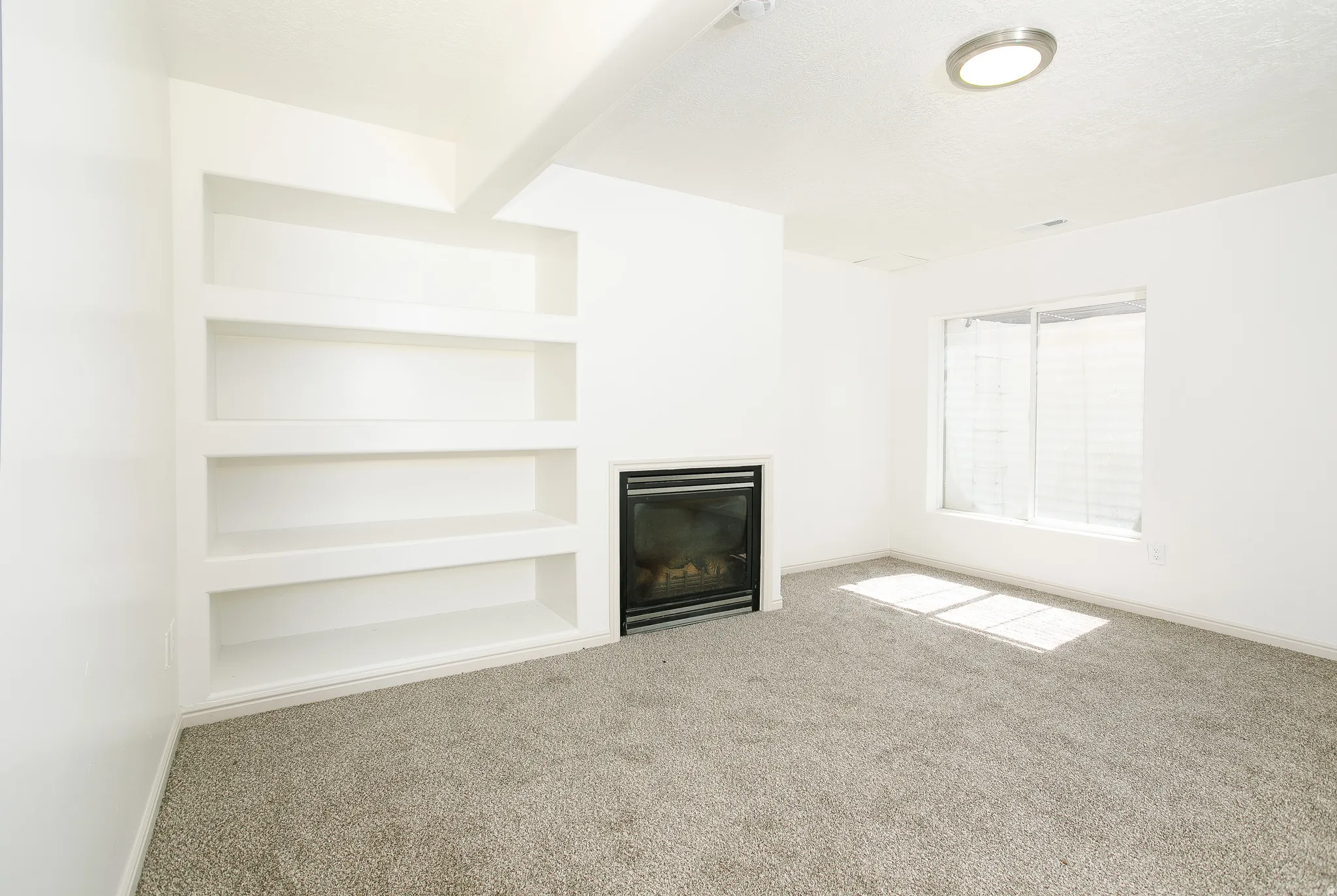 Built-in shelving, integrated fireplace, wall-to-wall carpeting, and recessed lighting