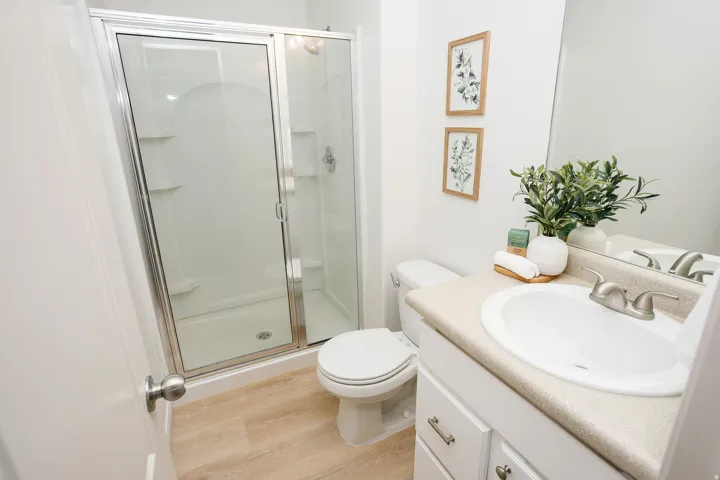 Walk-in shower with sliding glass door, single vanity with integrated sink, light-toned countertop, and wood-finish flooring