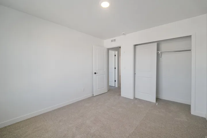 Neutral tone wall finish, plush carpet flooring, recessed ceiling lighting, two-panel interior doors with black hardware, and an integrated closet with hanging rod