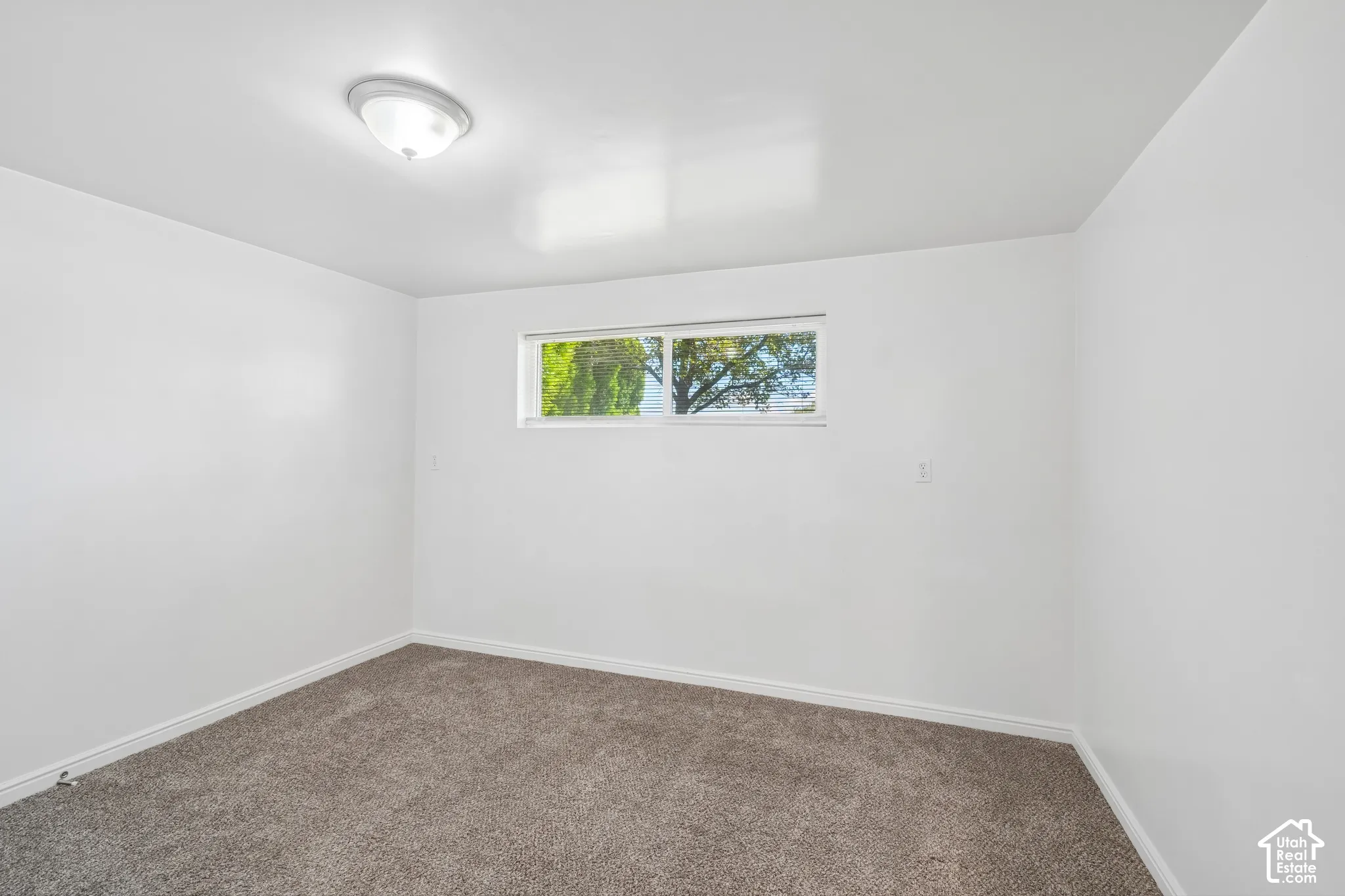 Recessed window, white walls, flush mount ceiling light, and textured carpet flooring