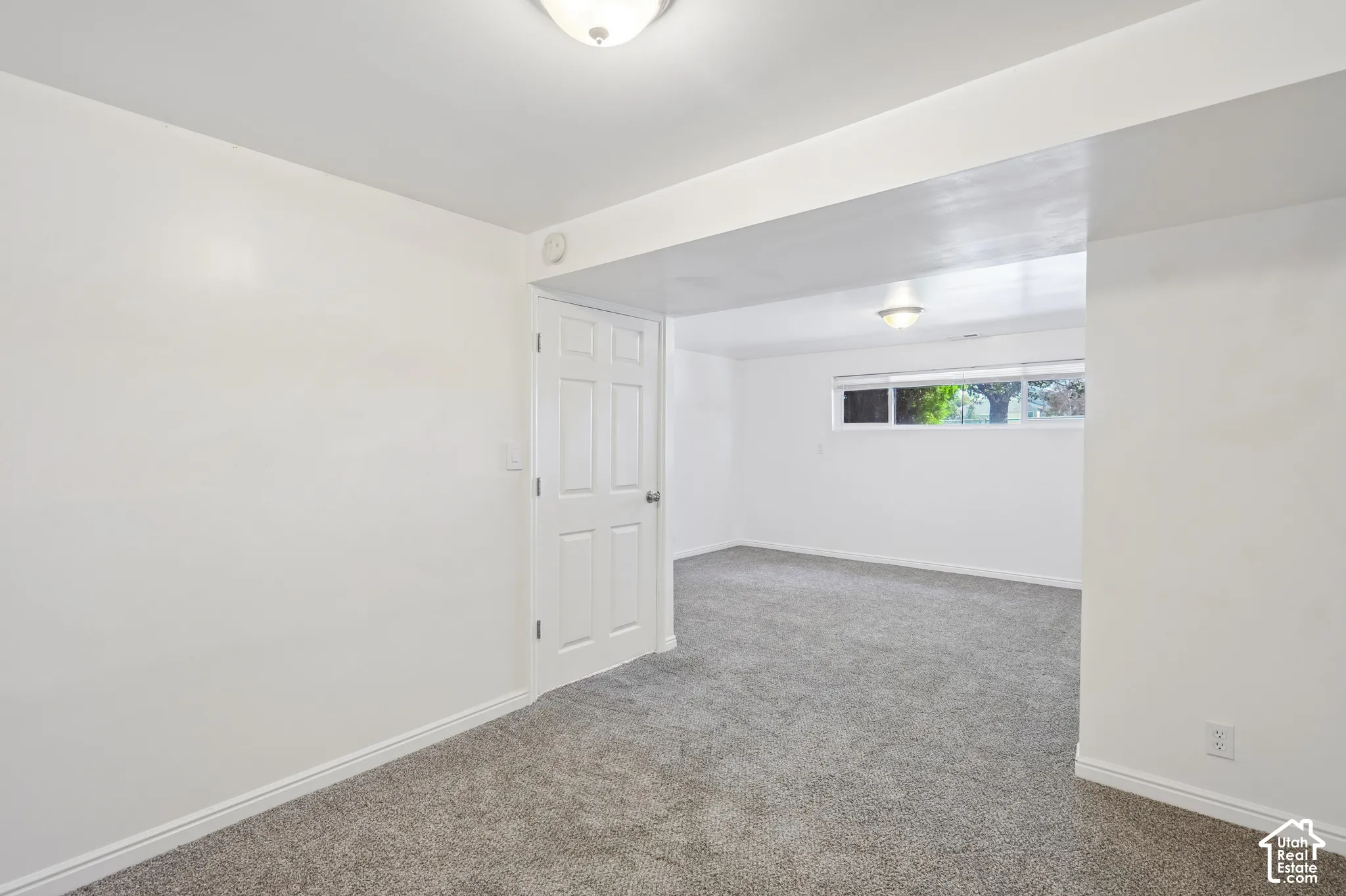 Recessed window with exterior scenery, overhead flush-mount lighting, white interior door with paneling, and gray carpeting throughout