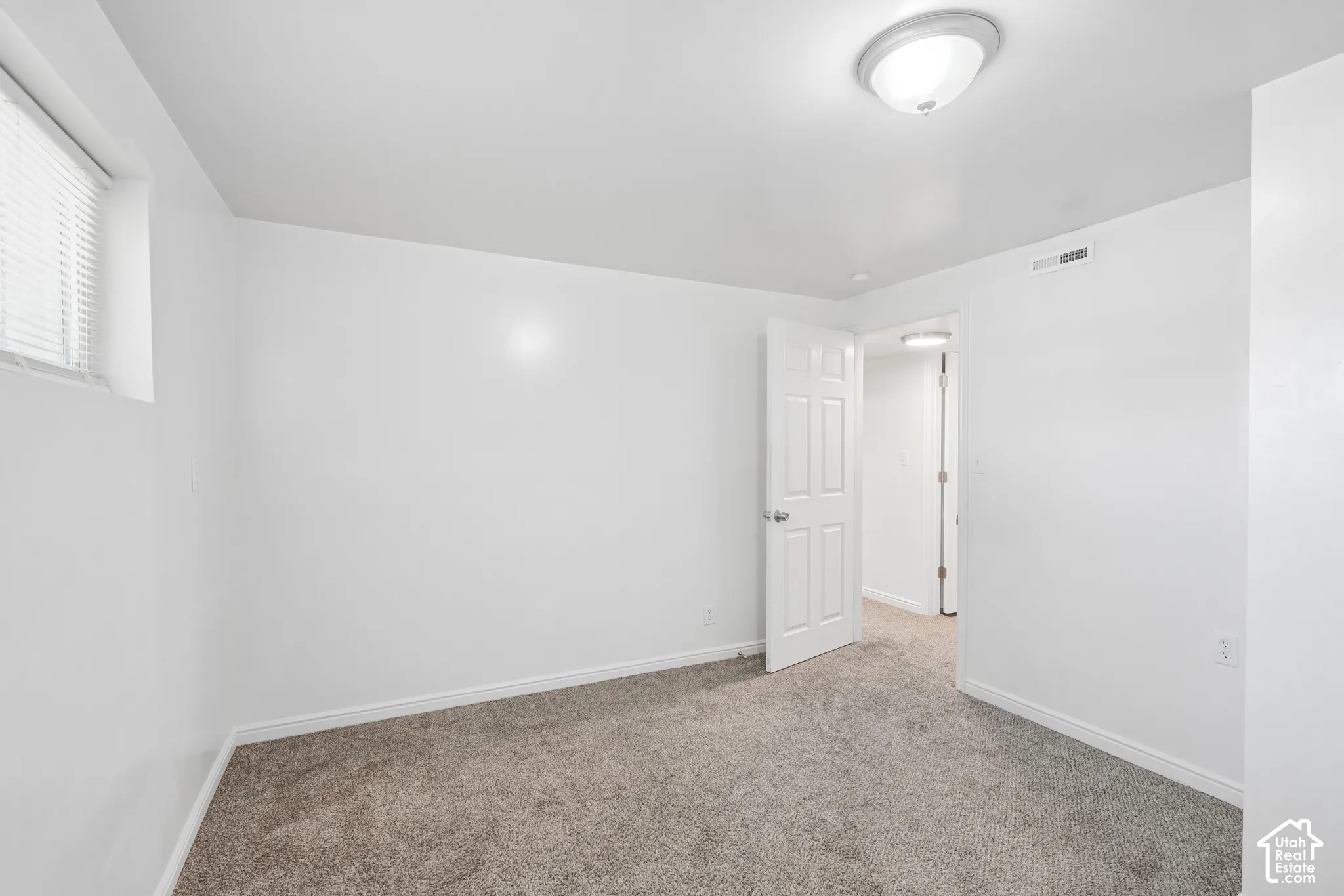 Room featuring light-colored carpeting, white walls, a flush-mount ceiling light, and a white paneled door