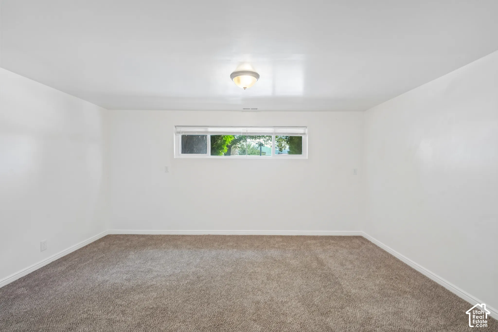 Recessed window with white trim, tan carpet, and a ceiling-mounted light fixture
