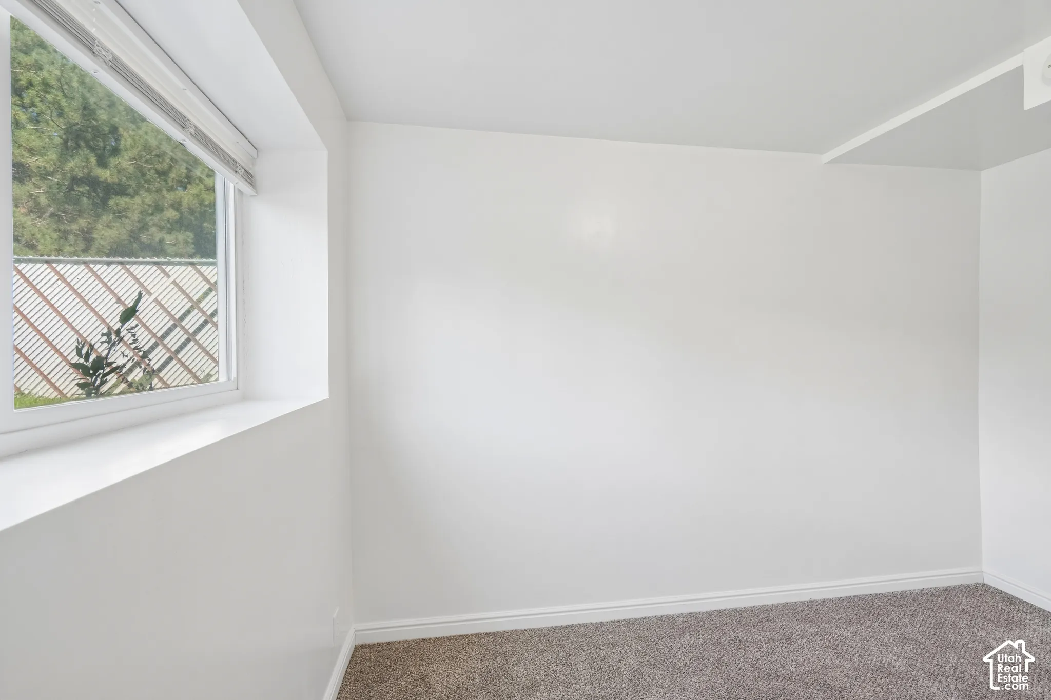 Window with white frame, white interior walls, and gray carpet flooring