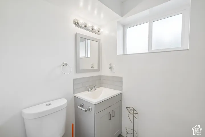 White vanity with a single basin sink, chrome faucet, and gray cabinetry
