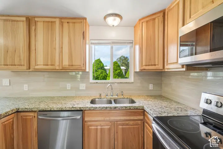 Wood-finish cabinetry, stainless steel appliances, dual basin sink, and a light-toned countertop