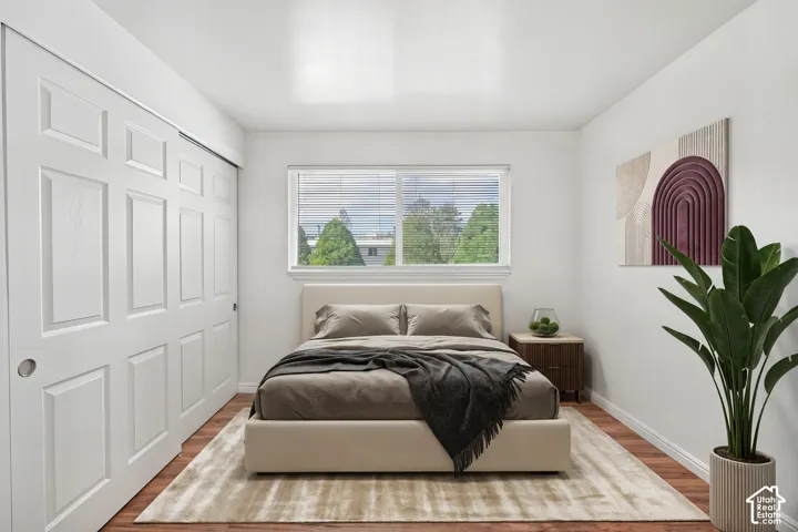Wood-finish flooring, white walls, built-in sliding closet doors, and a window with blinds