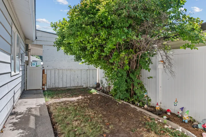 Side yard with concrete pathway, mature shrubbery, and privacy fencing