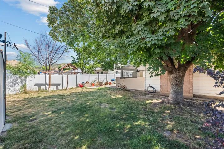 Lawn area featuring a mature tree, white privacy fencing, and brick exterior elements