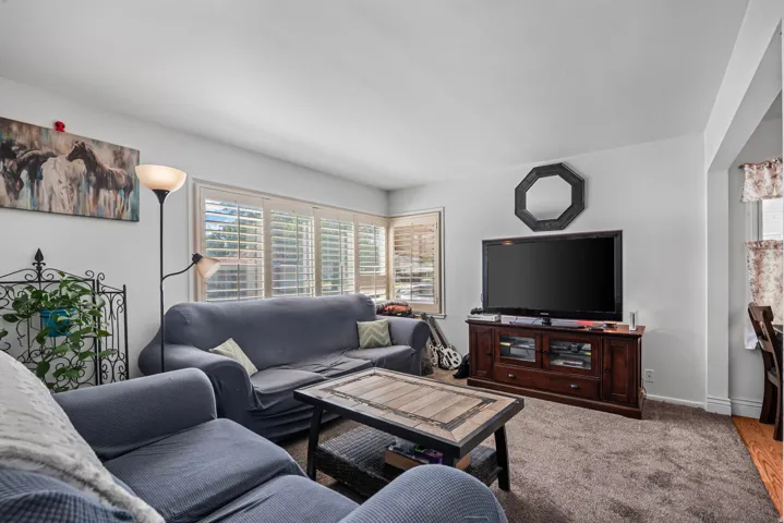 White walls, carpet flooring, a multi-pane window with plantation shutters, and a wood-finish media console