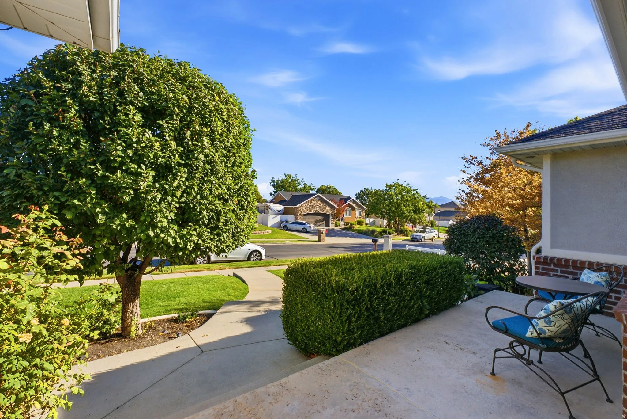 Front porch with brick accents, concrete walkway, mature tree, and manicured landscaping