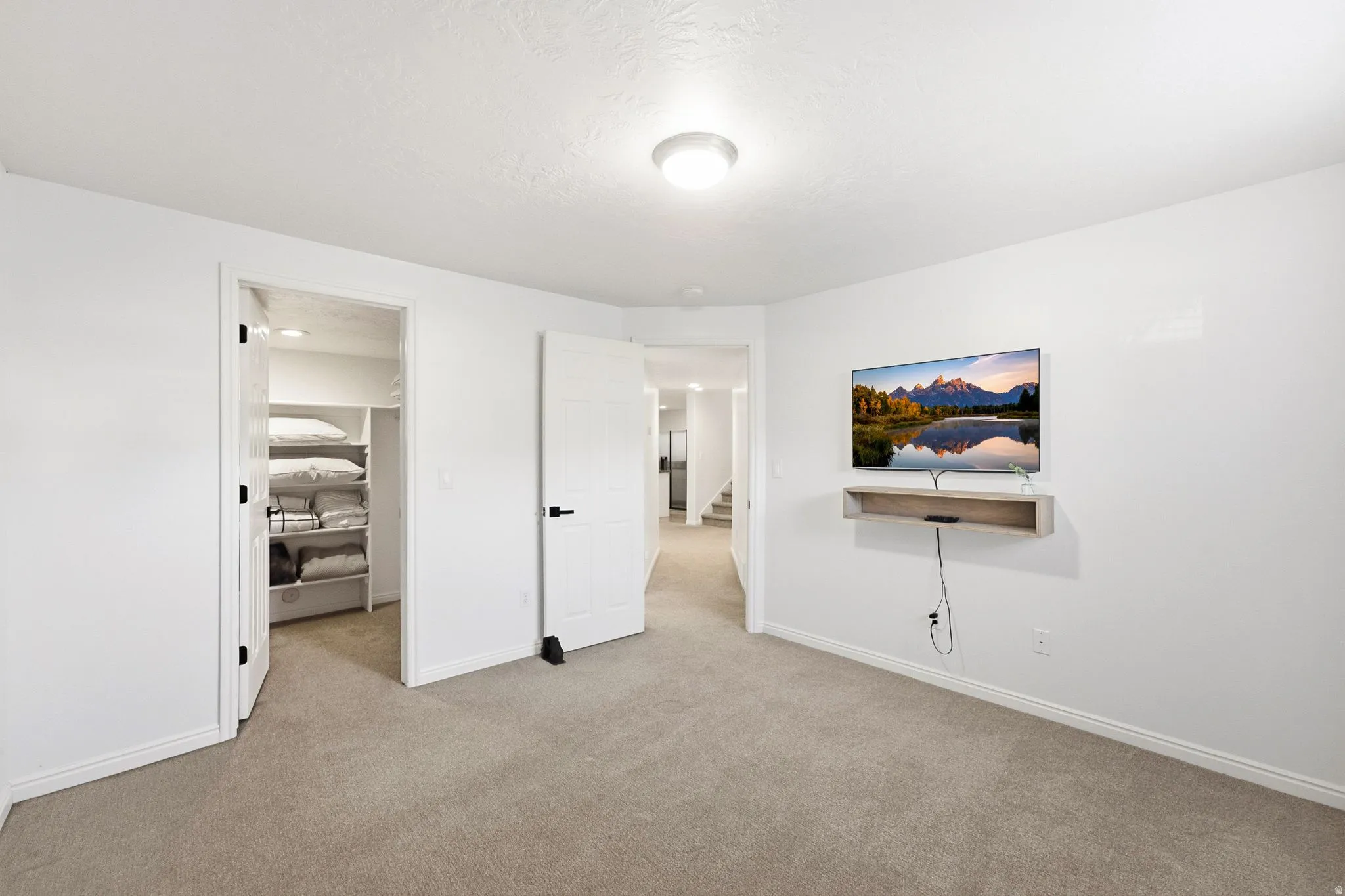 Neutral-toned carpeting, white walls, and a flush-mount ceiling light