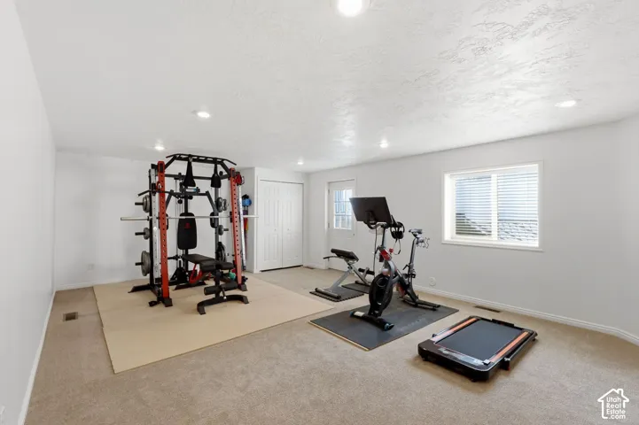 Carpeted room featuring a white door, a window with blinds, and recessed lighting