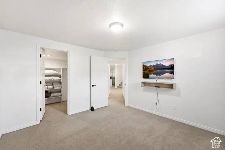 Neutral-toned carpeting, white walls, and a flush-mount ceiling light
