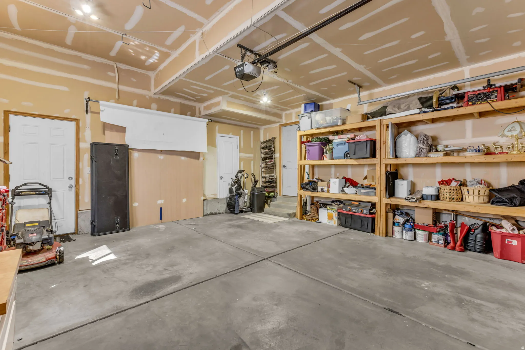 Built in shelving and door access to backyard