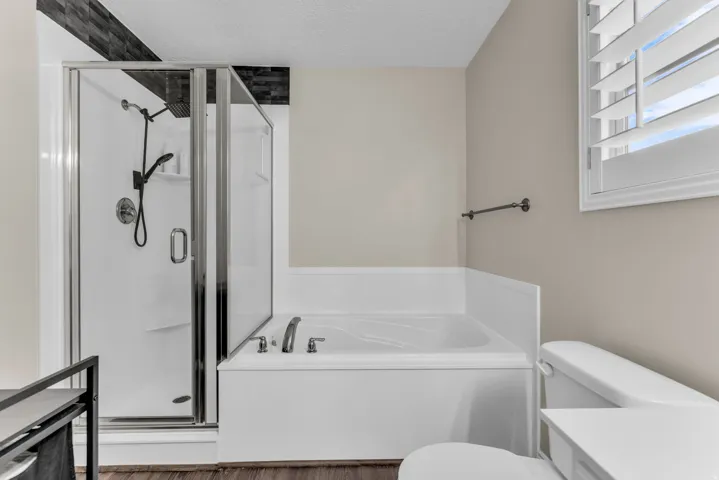 Master bathroom with dual vanity, separate tub and shower, walk in closet