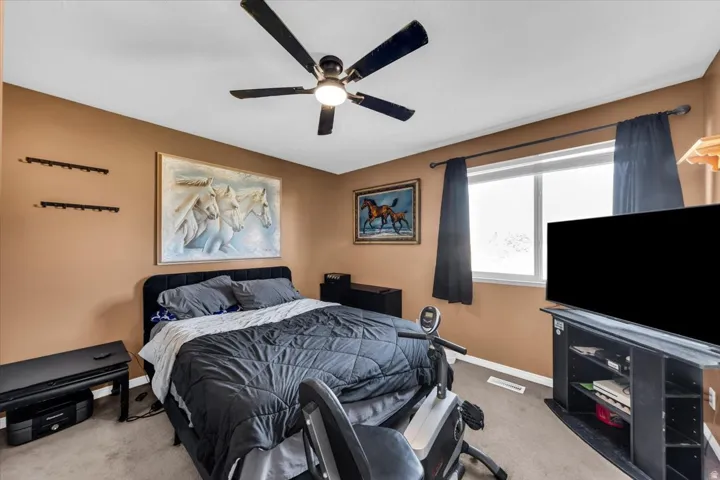 Neutral wall color, ceiling fan with integrated lighting, window with dark drapes, and carpeted flooring