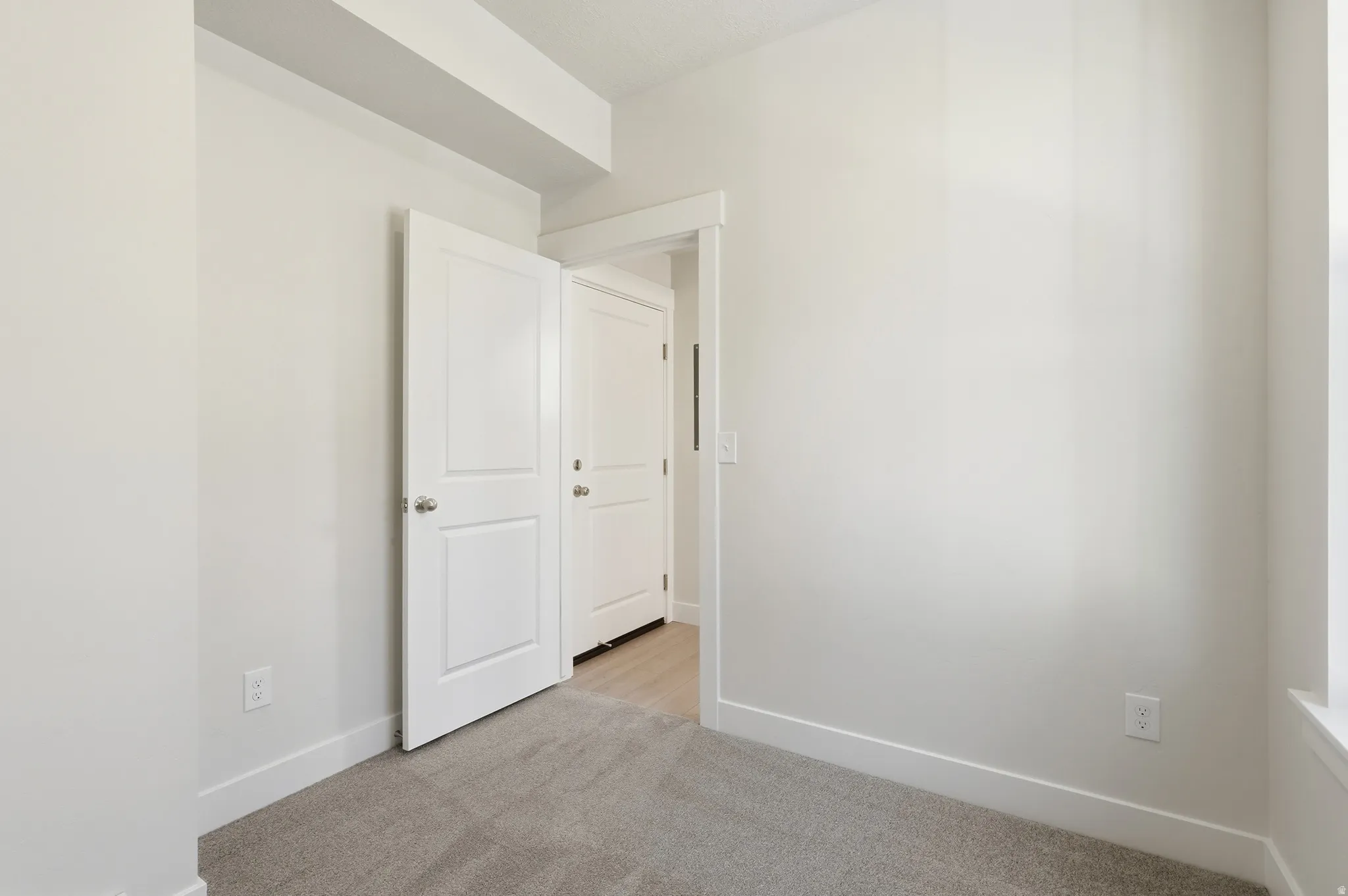 Neutral wall finishes, light gray carpeting, crisp white trim, and white interior doors