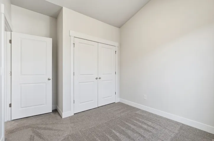 Plush gray carpeting, white trim, and white walls