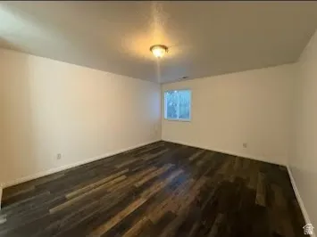 Spacious room featuring wood-finish flooring, neutral wall tones, a ceiling-mounted light fixture, and a single window