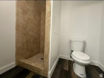 Walk-in shower with tiled surround and dark wood-finish flooring
