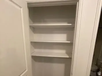 Built-in shelving unit with three white shelves and carpeted floor