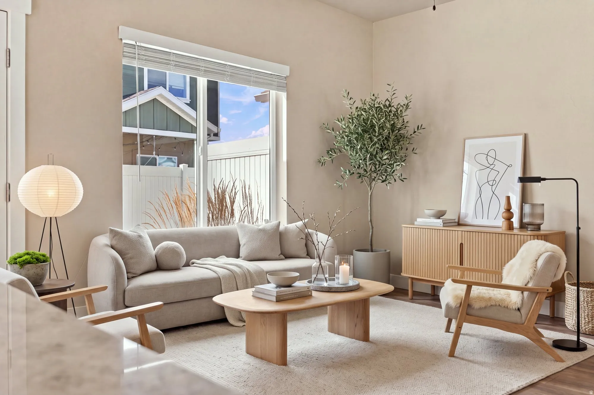 Bright living area with a large window, neutral wall tones, and light wood-finish flooring