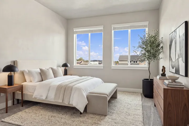 Plush carpet flooring, dual windows, and wood-finish dresser
