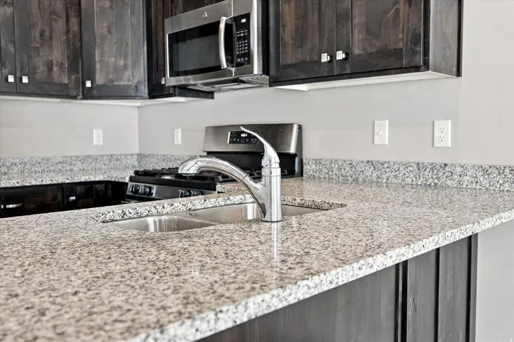 Granite countertops, stainless steel appliances, undermount sink, chrome faucet, and dark wood cabinetry
