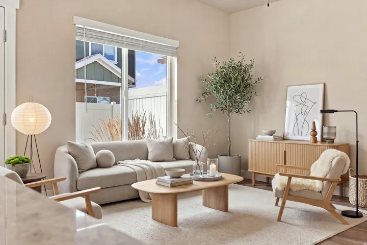 Bright living area with a large window, neutral wall tones, and light wood-finish flooring