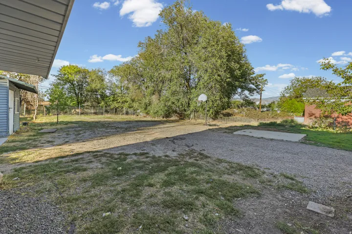 Expansive outdoor area featuring a gravel surface, established tree, and a basketball hoop