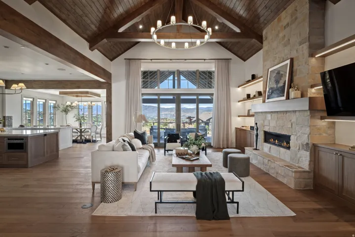 Vaulted wood-paneled ceiling with exposed beams