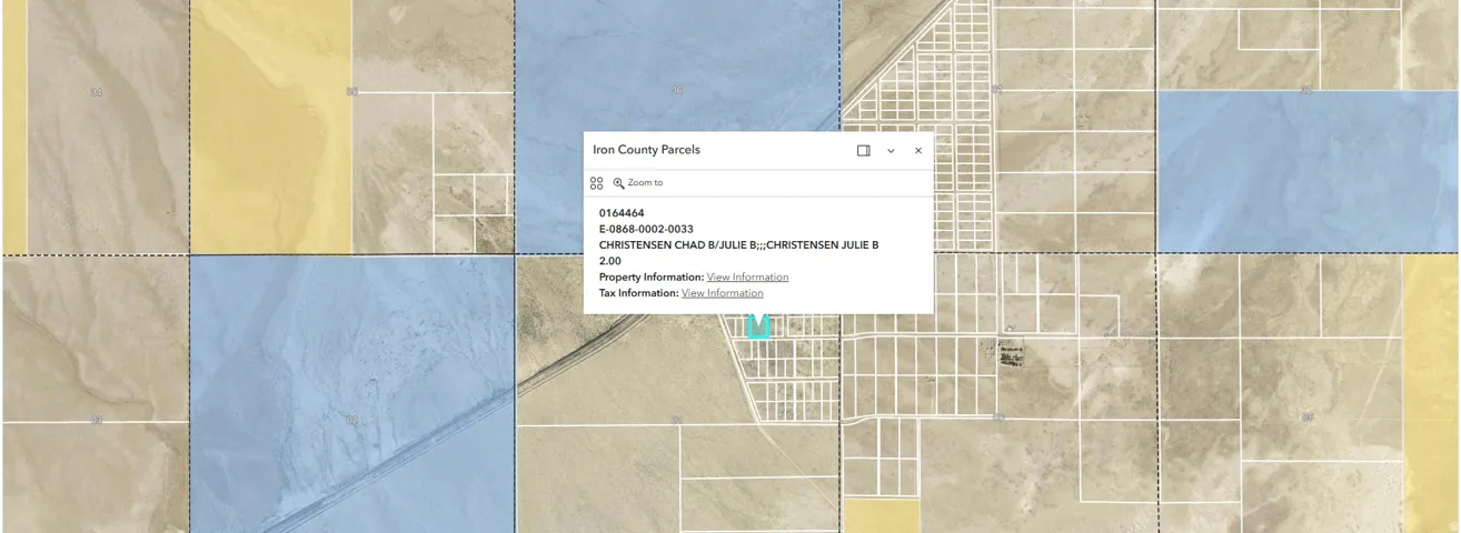 GIS Parcel Map. Displaying property boundaries and owner details within Iron County