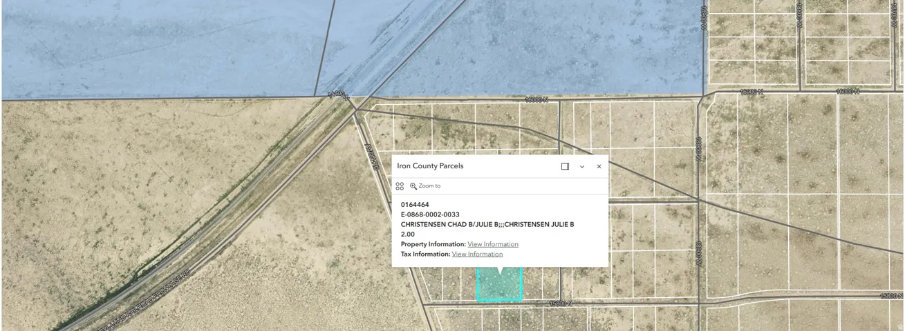 Iron County Parcels Information Window. Displaying parcel ID, owner details, and property area for the identified parcel