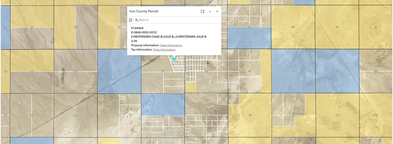 Iron County Parcels map. Displaying property identification details including owner and acreage