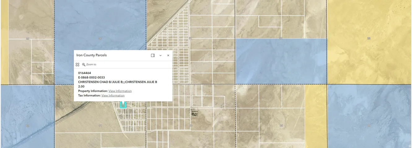 Iron County Parcels map with property details overlay. Displaying parcel identification number, owner information, and acreage for the property