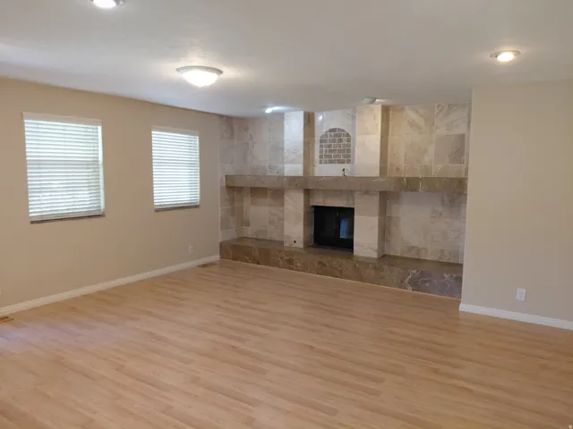 Engineered wood flooring, recessed lighting, and a stone-clad fireplace with an arched detail