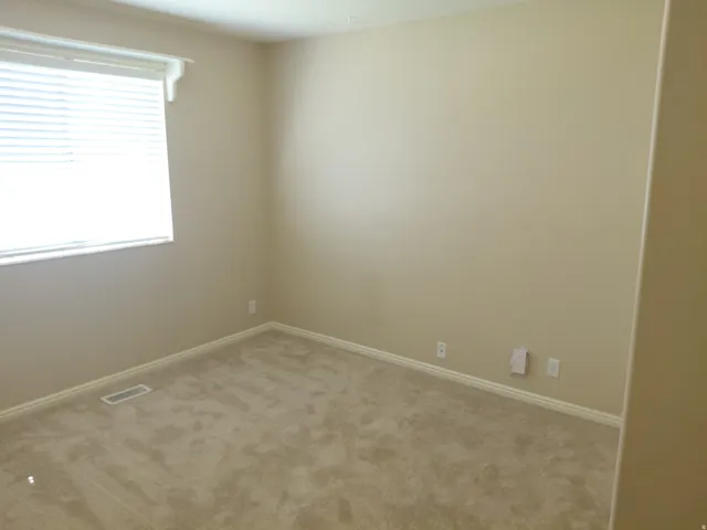 Carpeted flooring, neutral wall tones, baseboard trim, window with blinds