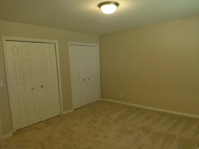 Neutral-toned carpeting, two bi-fold closet doors, and a ceiling-mounted light fixture