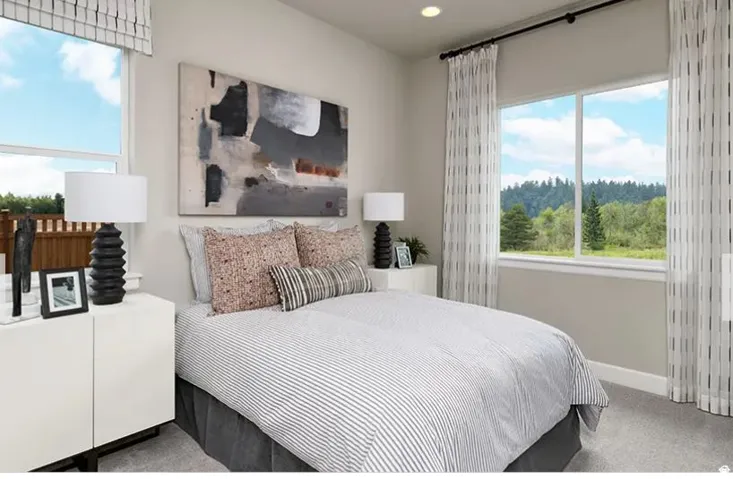 Recessed ceiling lighting, carpet flooring, and multiple windows with roller shades and curtains