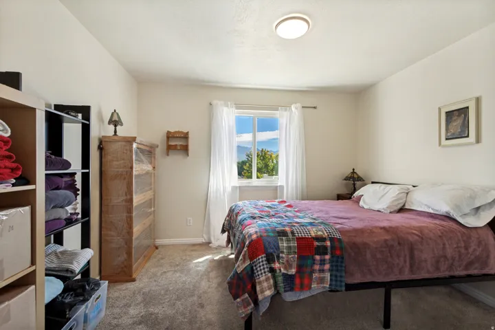 Recessed window with exterior scenery, overhead flush-mount lighting, and neutral wall paint