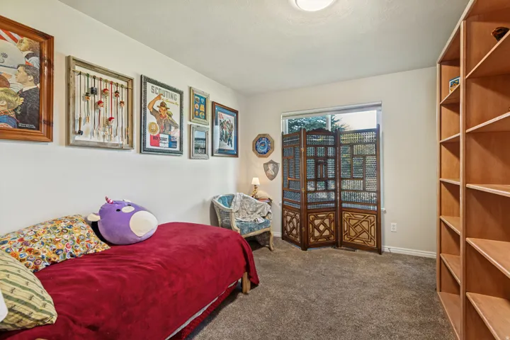 Built-in shelving, carpeted flooring, and a large window providing natural light