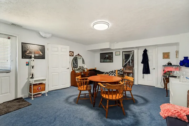 Spacious room featuring blue carpeting, a white ceiling, and a white interior door with blinds