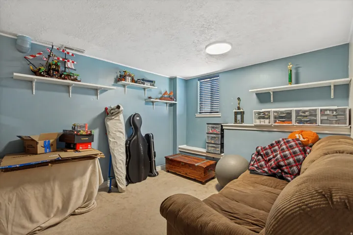 Recessed lighting, wall-mounted shelving, window with blinds, carpeted flooring, and textured ceiling