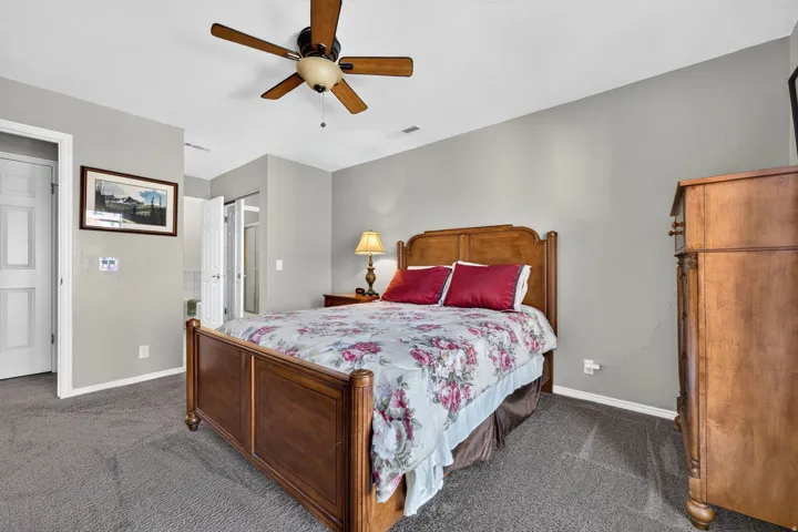 Gray wall paint with white trim, ceiling fan with wood-tone blades, and textured gray carpet