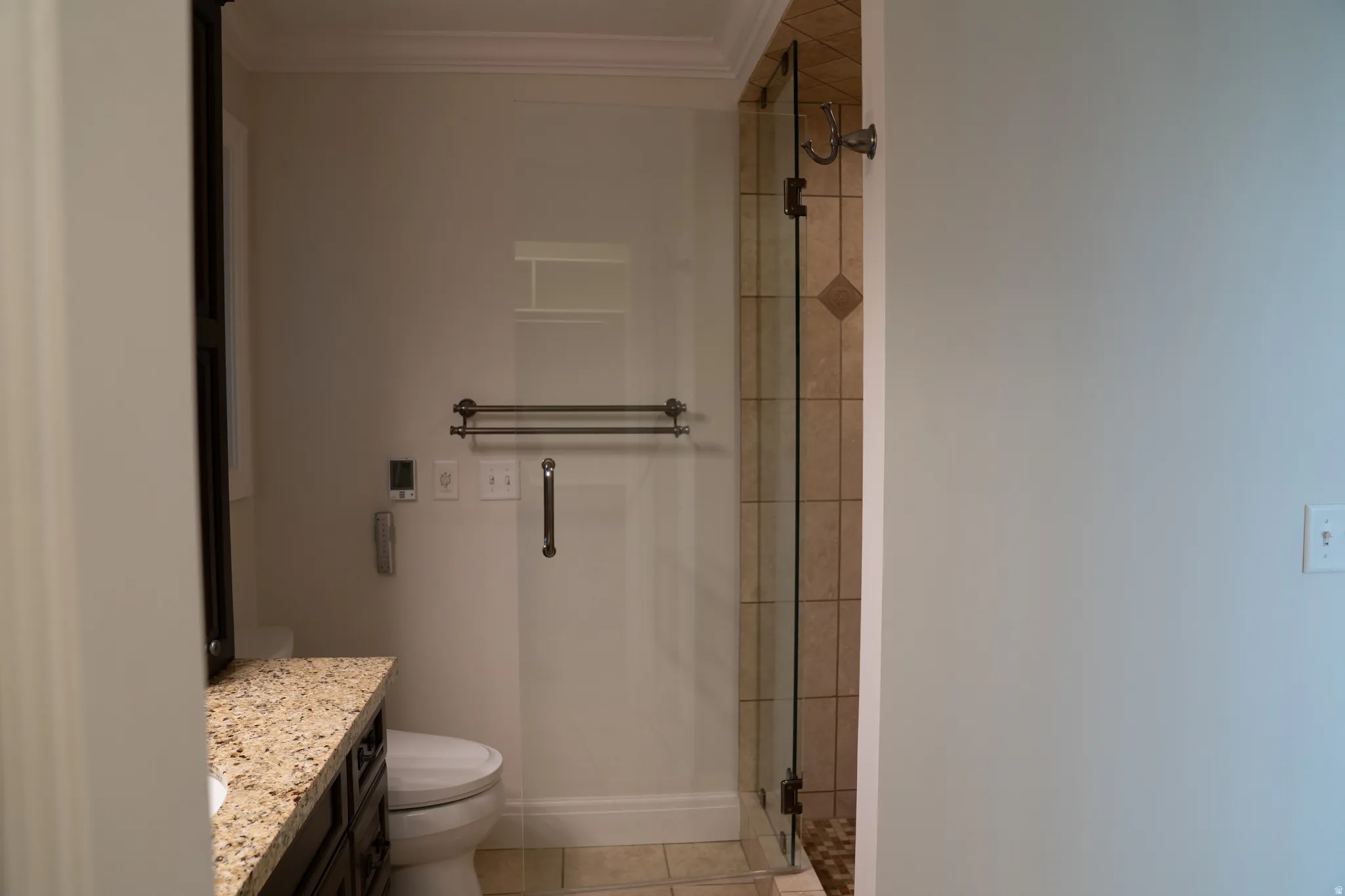 Glass-enclosed shower with tile surround, a built-in vanity with a granite-style countertop, dark wood-finish cabinetry, and crown molding