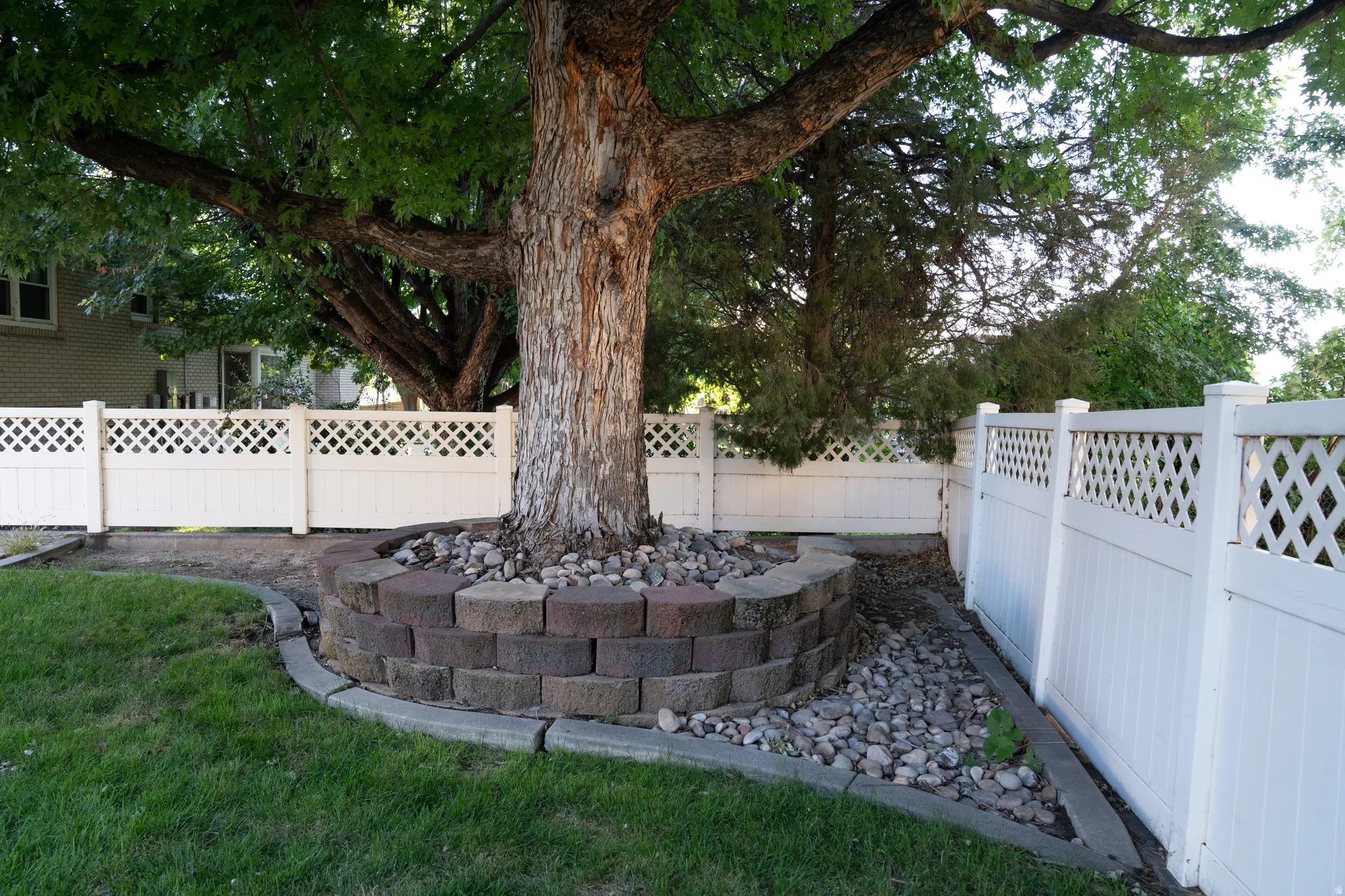 Mature tree with a stone-block planter, surrounded by a white lattice-top fence and a gravel bed