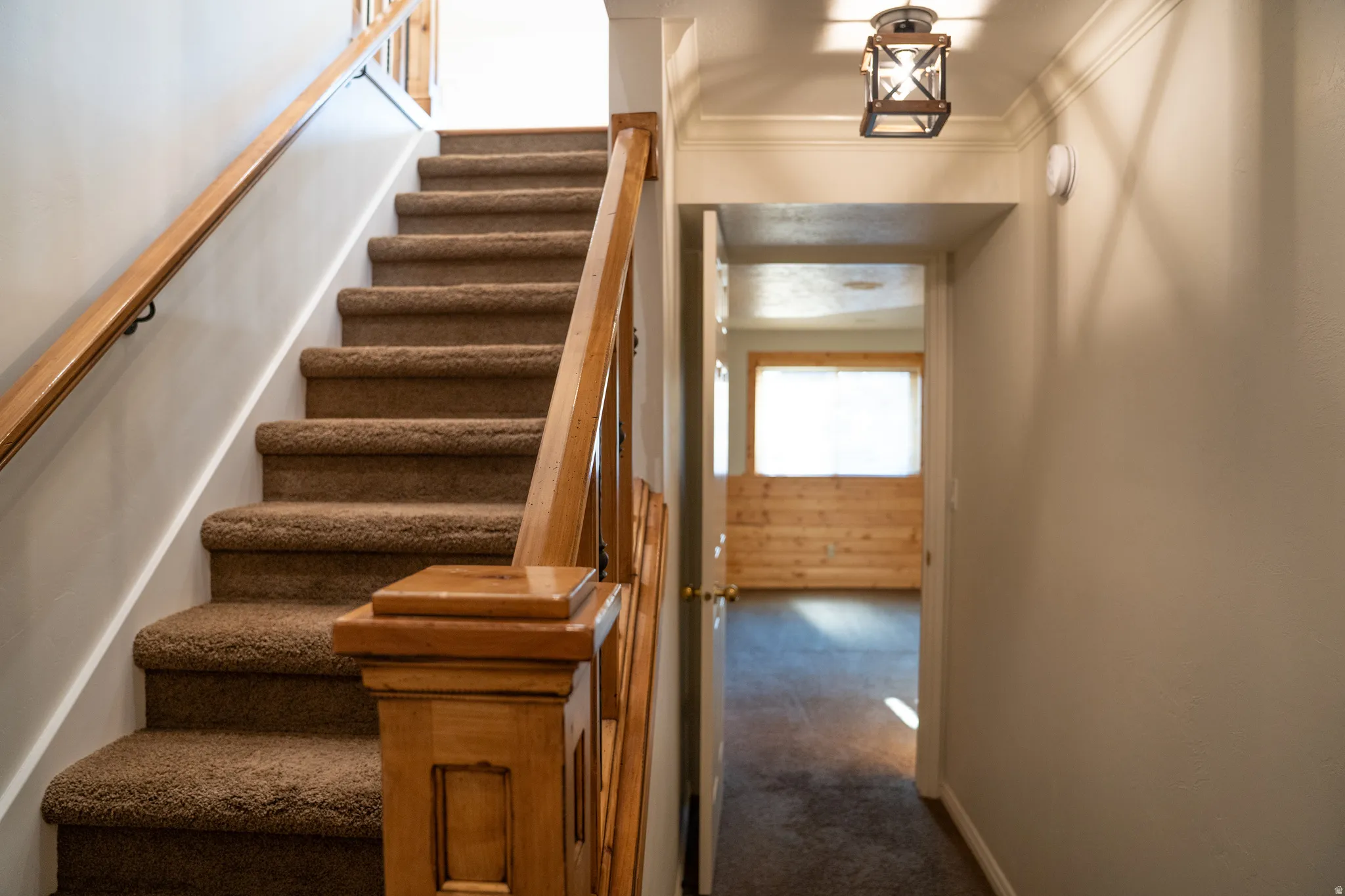 Carpeted staircase with wood handrail and newel post, featuring a hallway with a wood-paneled wall and an industrial-style ceiling light
